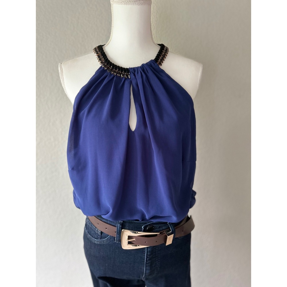 City Chic Embellished Halter Top Blue Chiffon Keyhole Tunic XS